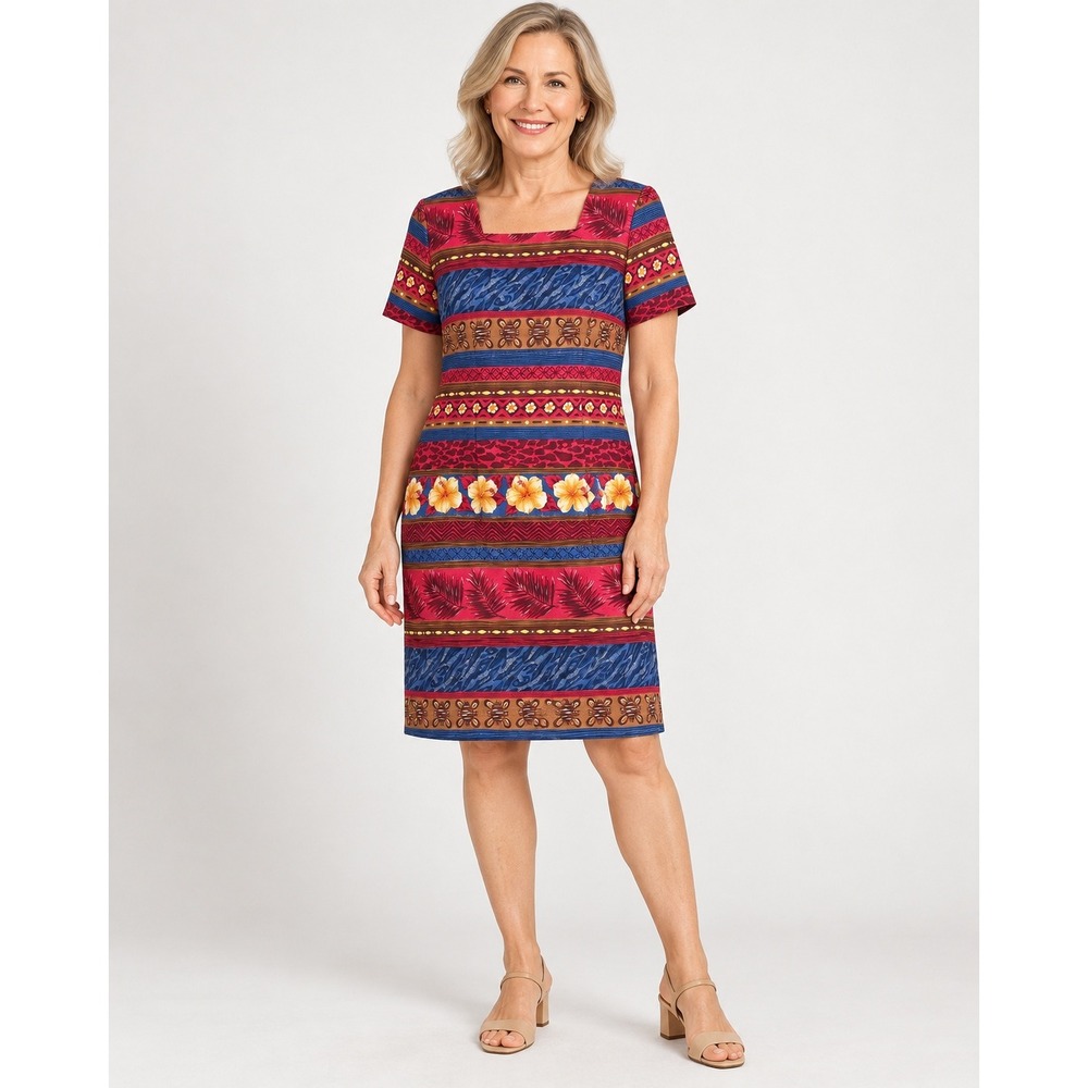 Sag Harbor Sheath Dress Tropical Hibiscus Print Multicolor Women 12P Vtg Style
